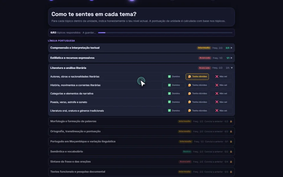 Tela do diagnóstico com escolha do nível de domínio